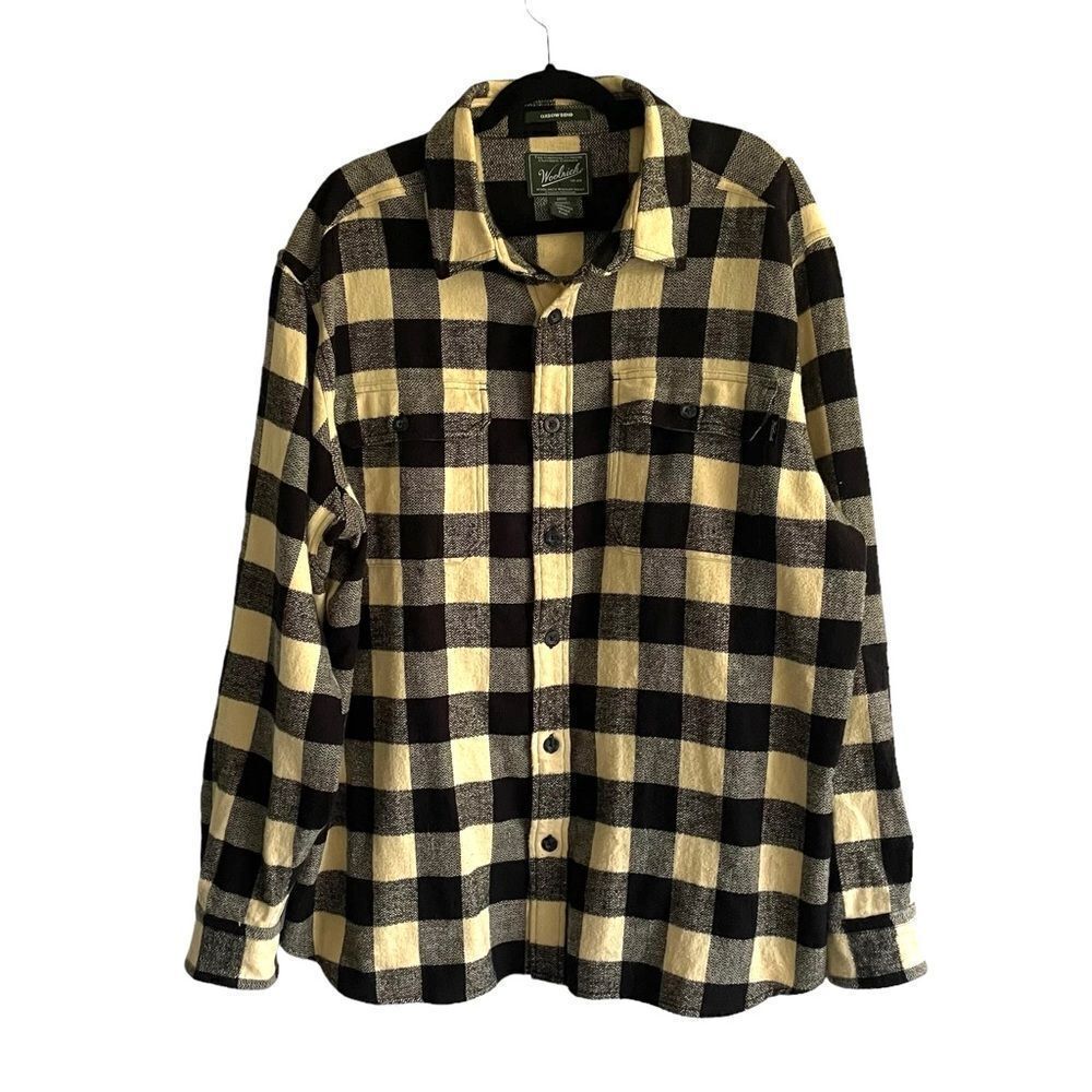 WOOLRICH Men’s Cotton Flannel Buffalo Checked Button Front Shirt Black Cream XL